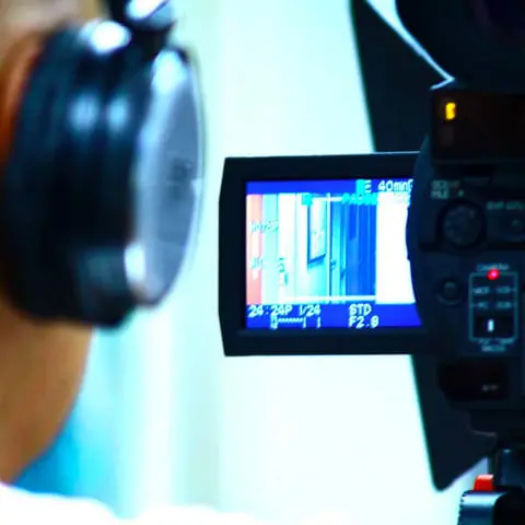 Cinematographer Devon Leesley operating the camera with the production monitor in view on the set of Apparition